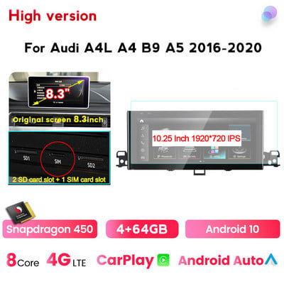 1920*720P Android 12 Car Multimedia All-in-one Audi A4L A4 B9 A5 2016 2017 2018 2019 2020 Carplay automatikus osztott képernyős GPS DSP