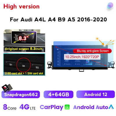 1920*720P Android 12 Car Multimedia All-in-one Audi A4L A4 B9 A5 2016 2017 2018 2019 2020 Carplay automatikus osztott képernyős GPS DSP