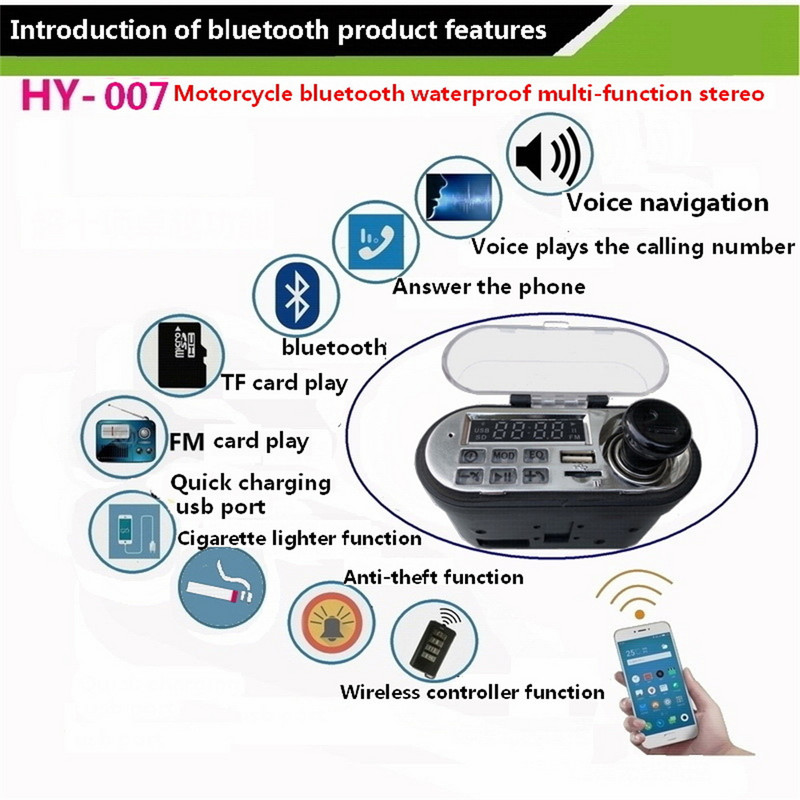 Motorkerékpár Bluetooth audio vízálló sztereó hangszóró zenelejátszó FM rádió támogatás USB TF kártya szivargyújtó visszaszerelhető sztereó