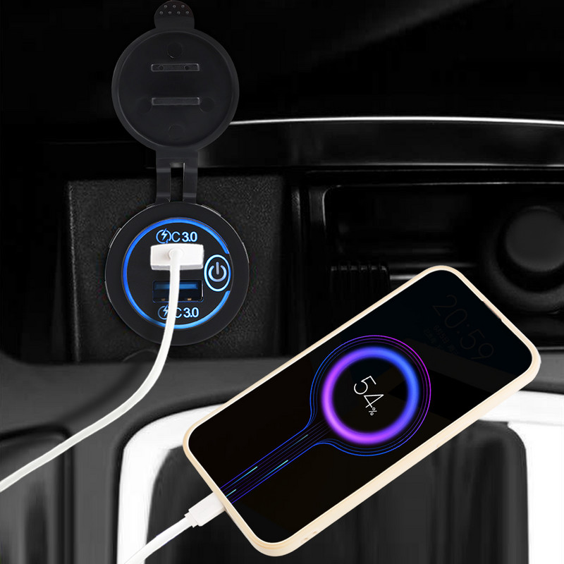 Încărcare rapidă 3.0 Priză dublă USB pentru încărcător auto, impermeabilă 12V/24V Priză de încărcare rapidă USB Priză cu comutator tactil