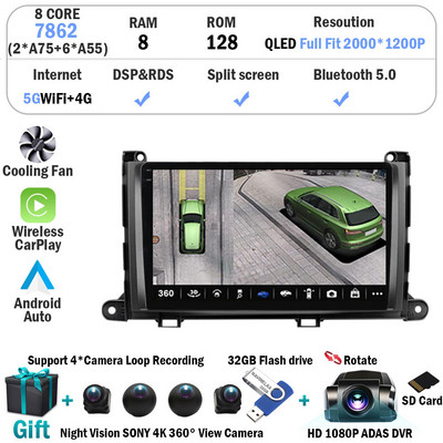 Android 12 Car Radio Player pentru Toyota Sienna 2009 2010 2011 2012 2013 2014 din Multimedia Autoradio Carplay navigare GPS WiFi