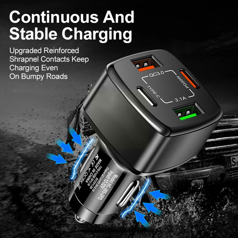 Încărcător auto USB C 20W PD Adaptor telefoane mobile cu încărcare rapidă pentru iPhone Samsung Xiaomi Huawei 4 porturi Încărcător auto USB Quick C S4S3