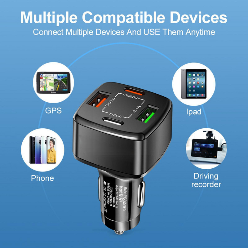 Încărcător auto USB C 20W PD Adaptor telefoane mobile cu încărcare rapidă pentru iPhone Samsung Xiaomi Huawei 4 porturi Încărcător auto USB Quick C S4S3