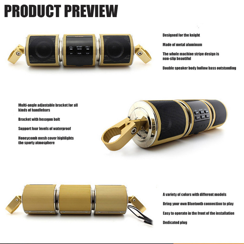 YT0186 Player muzical Bluetooth pentru motociclete Amplificator audio MP3 Radio FM Ecran LED reglabil Difuzor stereo pentru motociclete impermeabil