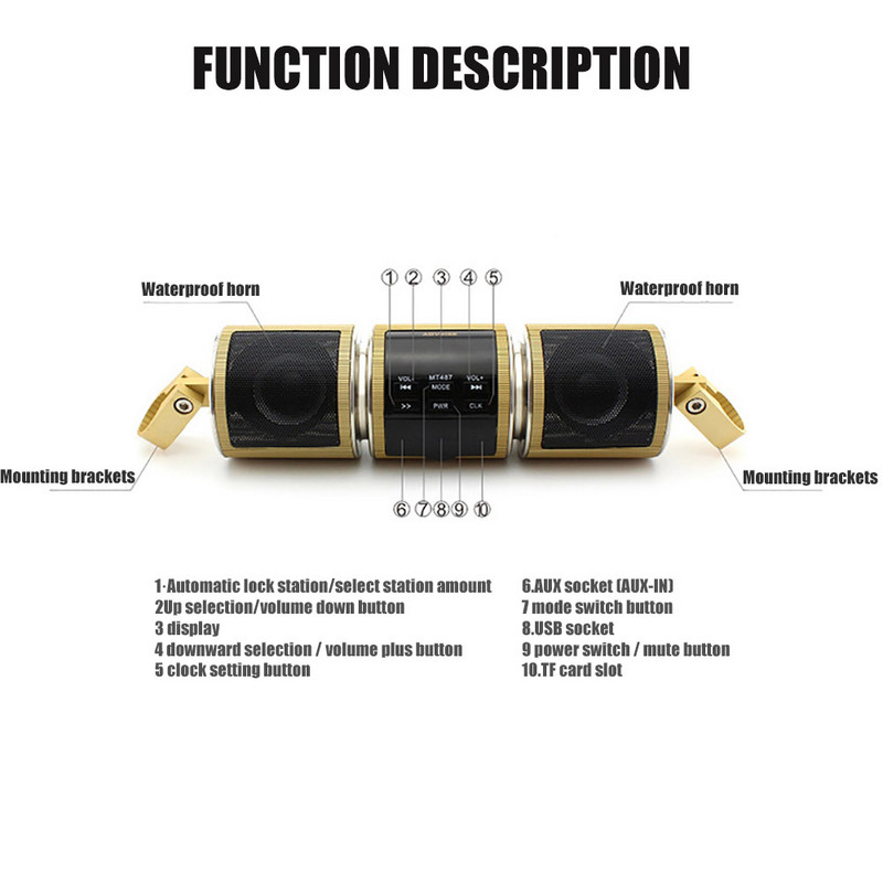 YT0186 Player muzical Bluetooth pentru motociclete Amplificator audio MP3 Radio FM Ecran LED reglabil Difuzor stereo pentru motociclete impermeabil