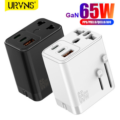 URVNS 65 W GaN Travel Plug Adapteris su 2USB-C PD ir 1USB-A pasauliniu universaliu įkrovikliu JK EU AU US Konverteris nešiojamiesiems kompiuteriams telefonams