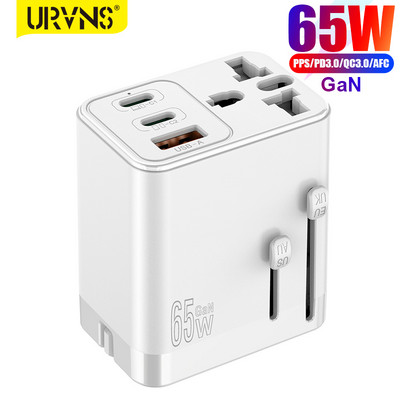 URVNS 65 W GaN Travel Plug Adapter 2USB-C PD-vel és 1USB-A világméretű univerzális töltővel UK EU AU US konverter laptopokhoz telefonokhoz