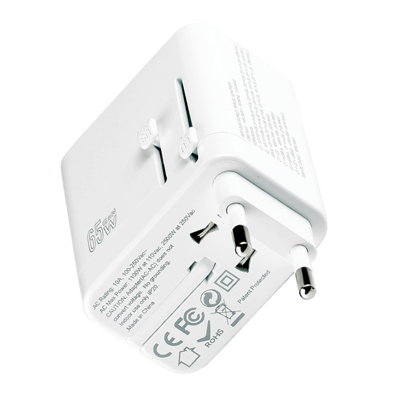 URVNS 65 W GaN Travel Plug Adapter 2USB-C PD-vel és 1USB-A világméretű univerzális töltővel UK EU AU US konverter laptopokhoz telefonokhoz