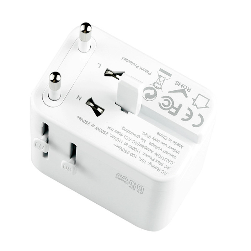 URVNS 65 W GaN Travel Plug Adapter 2USB-C PD-vel és 1USB-A világméretű univerzális töltővel UK EU AU US konverter laptopokhoz telefonokhoz