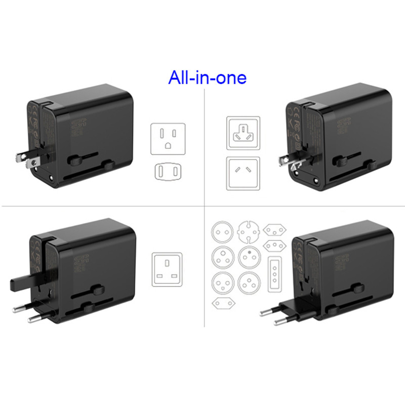 URVNS 65 W GaN Travel Plug Adapter 2USB-C PD-vel és 1USB-A világméretű univerzális töltővel UK EU AU US konverter laptopokhoz telefonokhoz