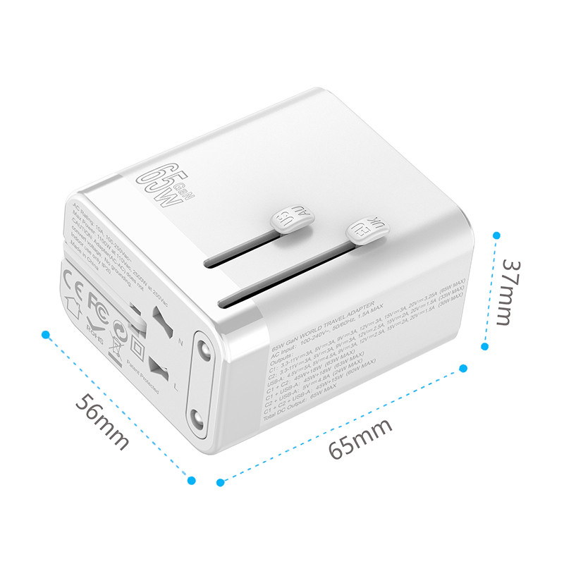 URVNS 65 W GaN Travel Plug Adapter 2USB-C PD-vel és 1USB-A világméretű univerzális töltővel UK EU AU US konverter laptopokhoz telefonokhoz