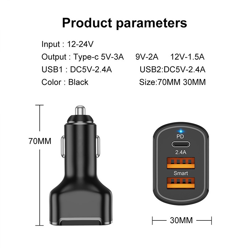 pentru toate mașinile12 24VType-c QC4.0 QC3.0adaptor încărcător autoPD+2.4A încărcător auto USB dubluPentru Xiaomi Huawei Samsung Apple