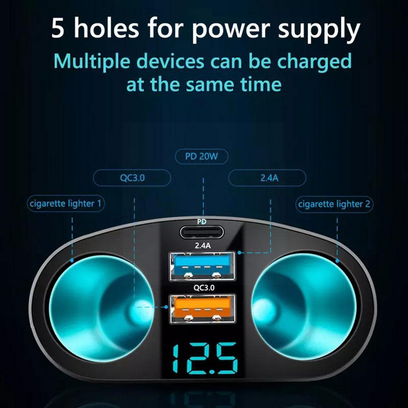 Szivargyújtó autóban univerzális 12v-24v aljzatú USB dupla osztófeszültség 120w autós teljesítmény 3.1a kijelzős töltővel Adap A0s5