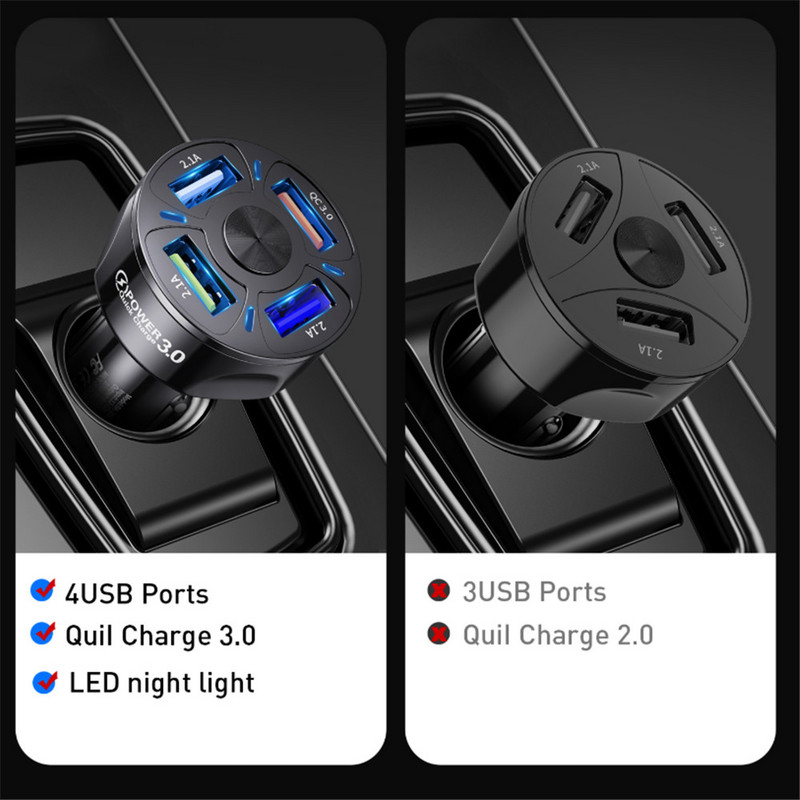 Kebidumei 4 Încărcător de mașină USB cu 4 porturi Afișaj LCD 12-24V Brichetă pentru țigări Încărcător rapid de mașină Adaptor de alimentare pentru telefon inteligent