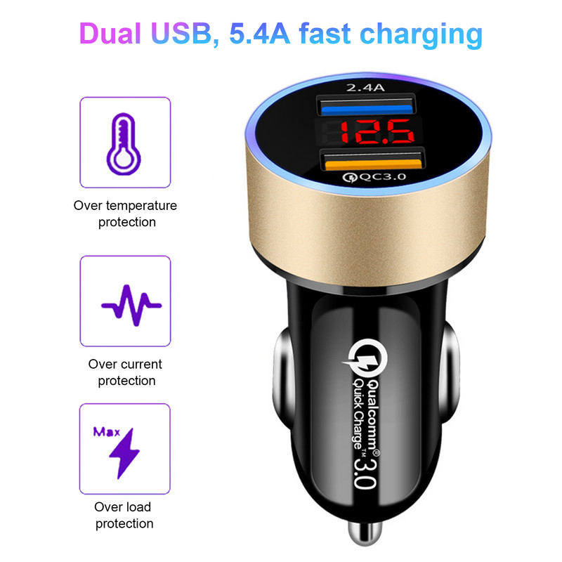 Încărcător auto universal Afișaj digital dublu USB 5VQC3.0+2.4A Adaptor încărcător auto Accesorii auto Interior pentru iPhone XR 11