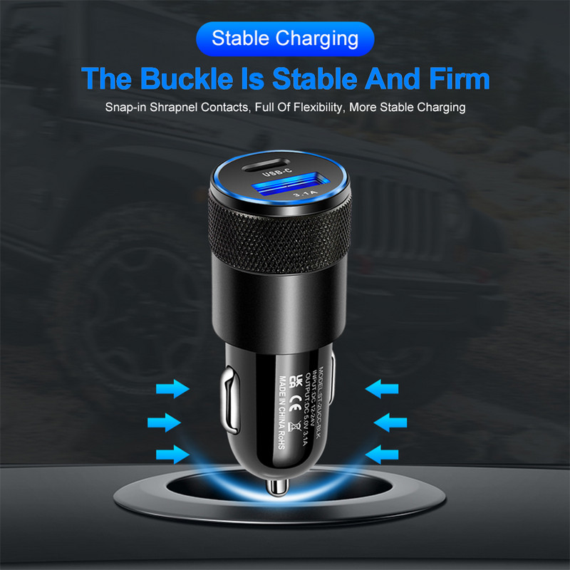 Încărcător auto 15W USB PD 2 porturi Adaptor încărcător auto 12V/24V Încărcare rapidă Splitter brichetă auto pentru telefon iPhone Xiaomi