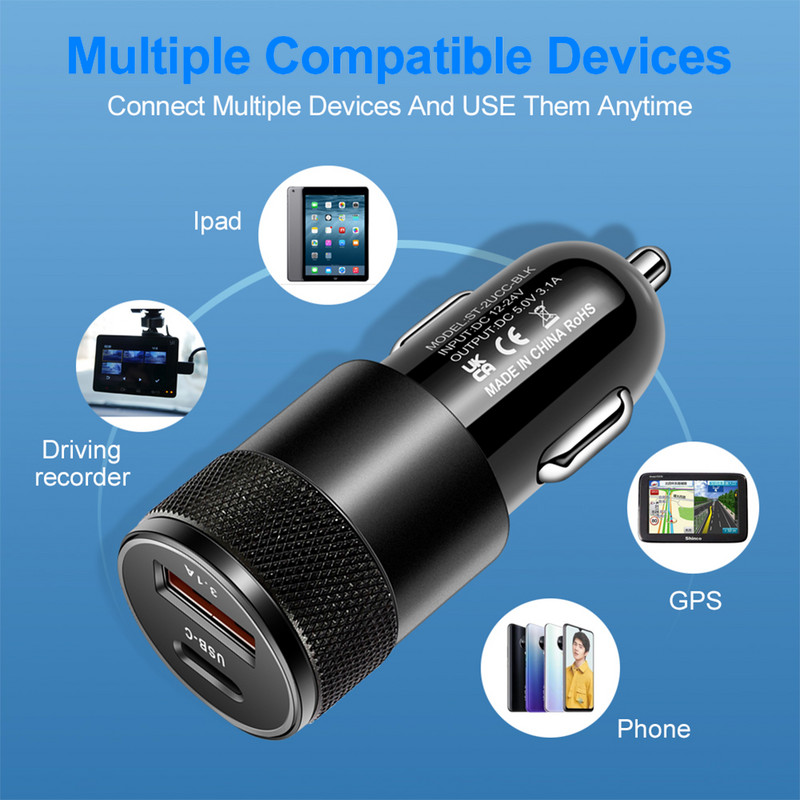 Încărcător auto 15W USB PD 2 porturi Adaptor încărcător auto 12V/24V Încărcare rapidă Splitter brichetă auto pentru telefon iPhone Xiaomi