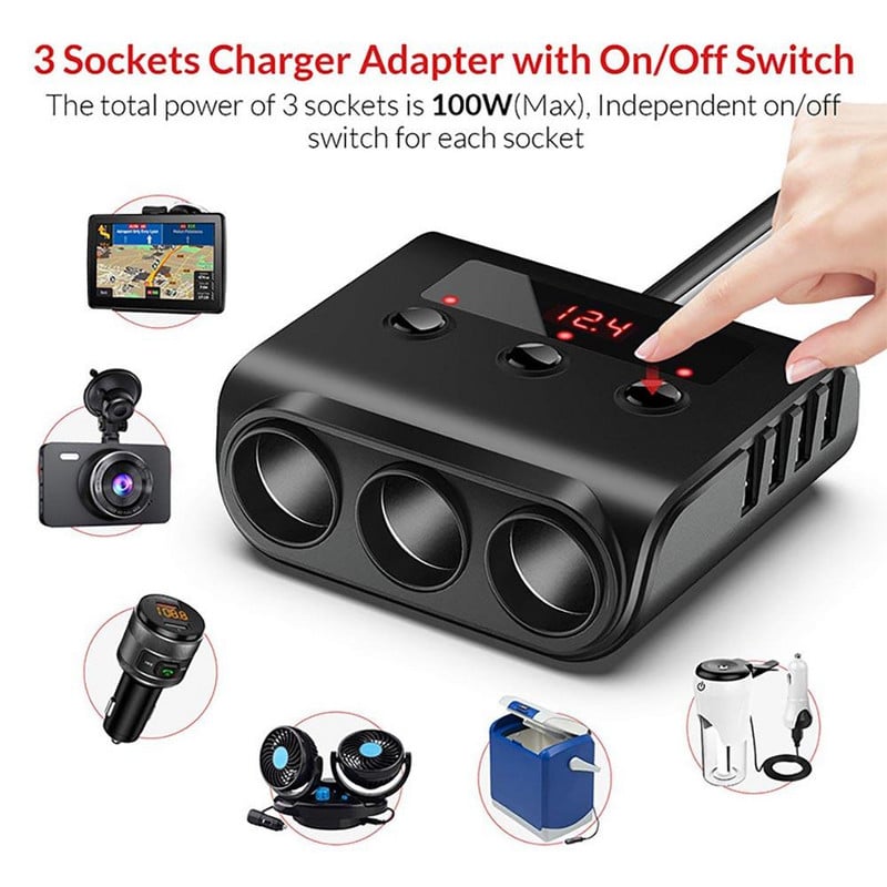 120 W-os autós szivargyújtó adapter gyorstöltő 3.0 12V/24V 3 kimeneti tápelosztó DC kimenet 8.5A 4 USB porttal