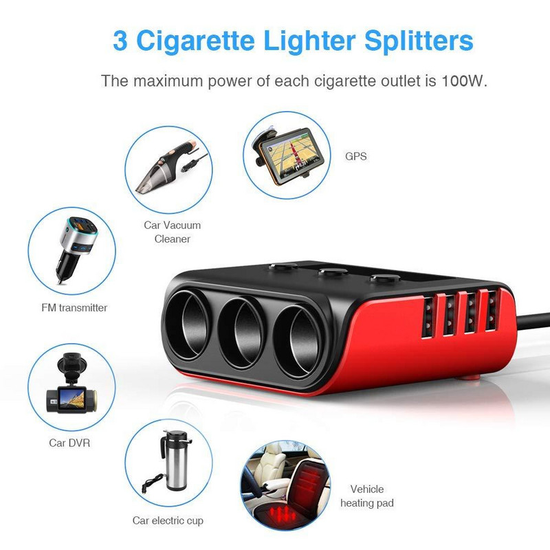 120 W-os autós szivargyújtó adapter gyorstöltő 3.0 12V/24V 3 kimeneti tápelosztó DC kimenet 8.5A 4 USB porttal