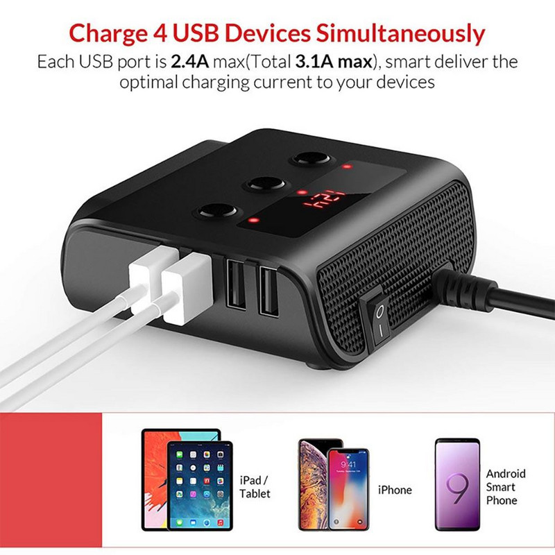 120 W-os autós szivargyújtó adapter gyorstöltő 3.0 12V/24V 3 kimeneti tápelosztó DC kimenet 8.5A 4 USB porttal