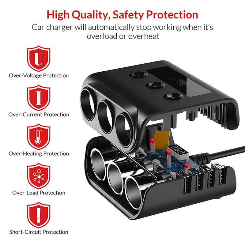 120 W-os autós szivargyújtó adapter gyorstöltő 3.0 12V/24V 3 kimeneti tápelosztó DC kimenet 8.5A 4 USB porttal