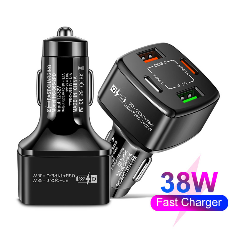 38W PD+type-c QC3.0 Încărcător rapid USB Adaptor încărcător auto One Drag Four Flash Priză încărcător auto 12V 24V pentru Iphone Xiaomi
