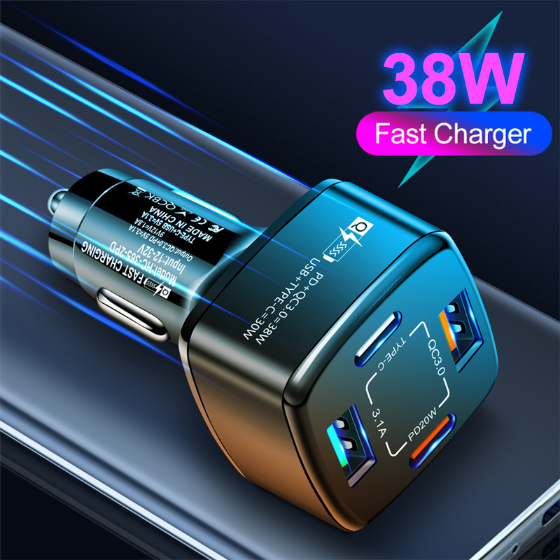 38W PD+type-c QC3.0 Încărcător rapid USB Adaptor încărcător auto One Drag Four Flash Priză încărcător auto 12V 24V pentru Iphone Xiaomi