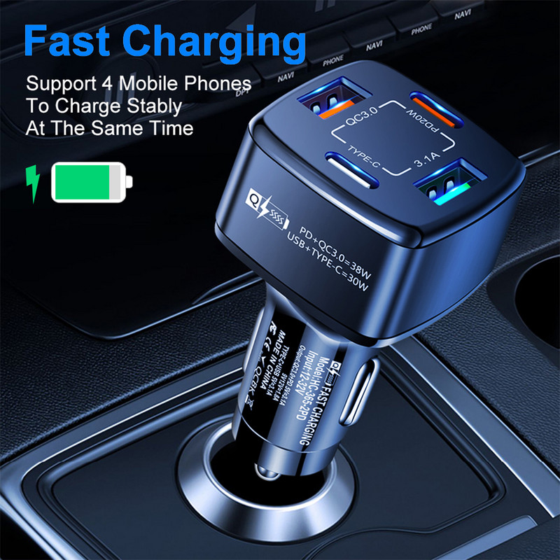 38W PD+type-c QC3.0 Încărcător rapid USB Adaptor încărcător auto One Drag Four Flash Priză încărcător auto 12V 24V pentru Iphone Xiaomi