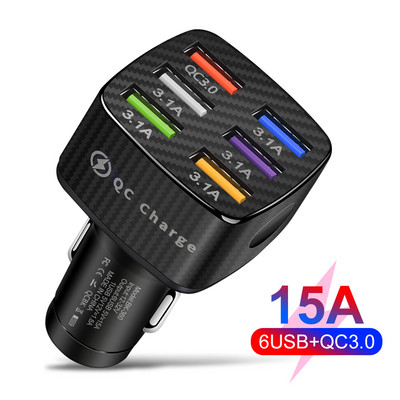 Încărcător auto 15A 6 porturi USB 12V/24V QC3.0 Adaptor încărcător auto 5V/3A Încărcare rapidă pentru iPhone Xiaomi Huawei Samsung Telefon mobil