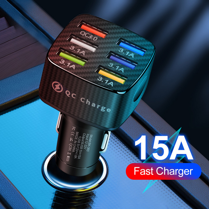 15A automobilinis įkroviklis 6 USB prievadai 12V/24V QC3.0 automobilinio įkroviklio adapteris 5V/3A greitas įkrovimas skirtas iPhone Xiaomi Huawei Samsung mobiliesiems telefonams