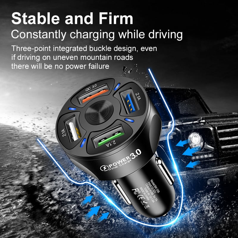 QC 3.0 autós töltő öngyújtó töltőadapter gyorstöltés 3 4 5 USB port LED jelzőfénnyel iPhone Xiaomi Huaweihez