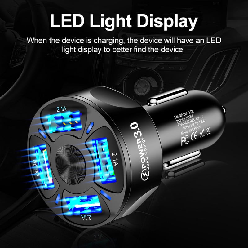 QC 3.0 autós töltő öngyújtó töltőadapter gyorstöltés 3 4 5 USB port LED jelzőfénnyel iPhone Xiaomi Huaweihez