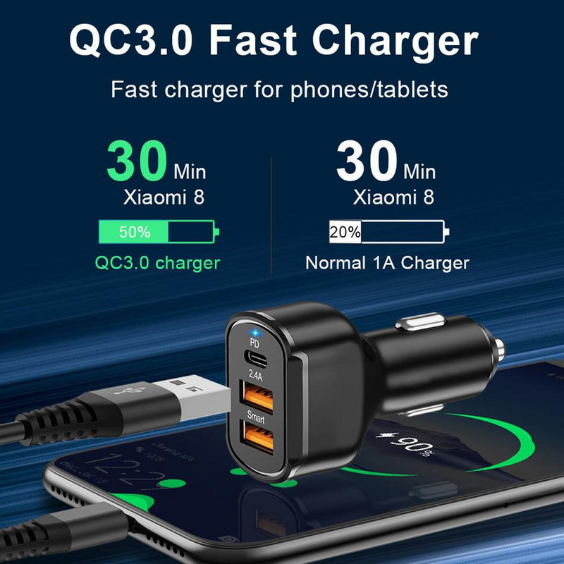 PD+2.4a Tip-c Încărcător auto Dual Usb Adaptor de încărcare universal 12-24V Priză țigară Încărcător rapid pentru telefon mobil