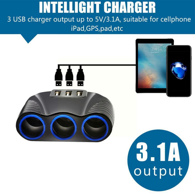 12v-24v țigară mașină 3 în 1 brichetă splitter mufă usb încărcător mușcă adaptor port 3 căi auto pentru telefon Dvr accesorii O3i6
