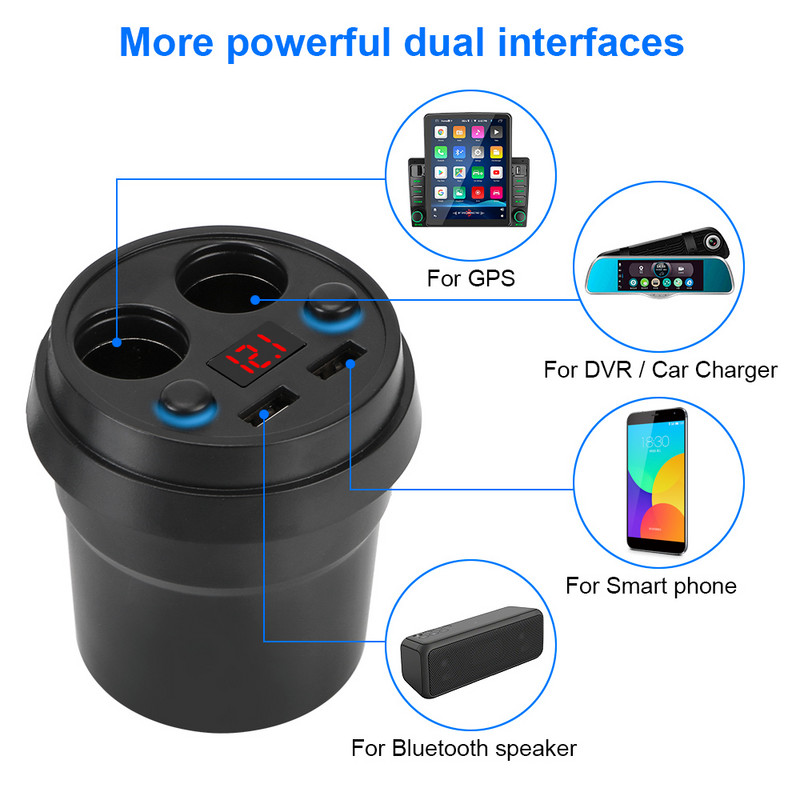 Cupă Adaptor priză Încărcătoare pentru telefon mobil Distribuitor pentru brichetă DC 5V 3.1A cu afișaj cu LED-uri Încărcător pentru mașină