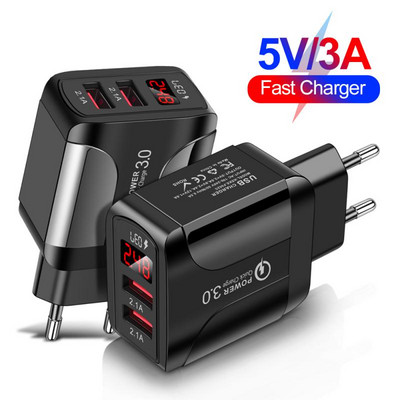 Зарядно за кола Захранващ адаптер Мобилен телефон Бързо зареждане 5V/3A Смартфон Зарядно устройство за пътуване 2 USB LED цифров дисплей 12-24V EU/US/UK