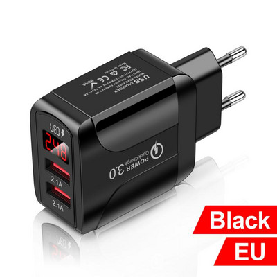 Autós töltő Tápadapter Mobiltelefon Gyorstöltés 5V/3A Okostelefon utazási töltő 2 USB LED digitális kijelző 12-24V EU/US/UK
