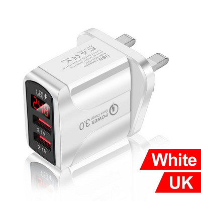 Autós töltő Tápadapter Mobiltelefon Gyorstöltés 5V/3A Okostelefon utazási töltő 2 USB LED digitális kijelző 12-24V EU/US/UK