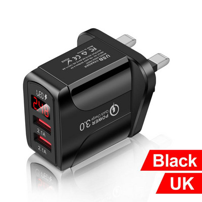 Autós töltő Tápadapter Mobiltelefon Gyorstöltés 5V/3A Okostelefon utazási töltő 2 USB LED digitális kijelző 12-24V EU/US/UK