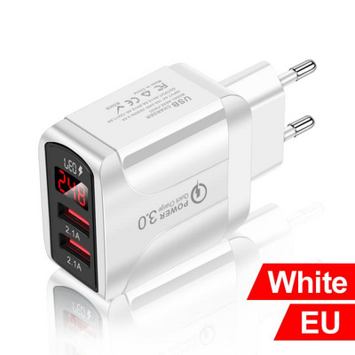 Autós töltő Tápadapter Mobiltelefon Gyorstöltés 5V/3A Okostelefon utazási töltő 2 USB LED digitális kijelző 12-24V EU/US/UK