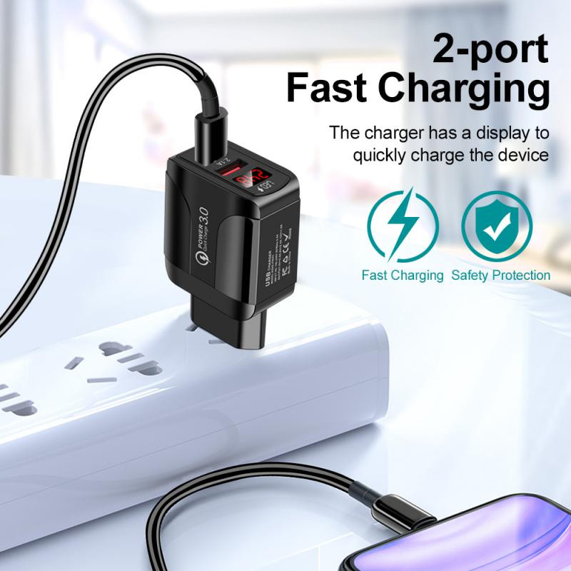 Autós töltő Tápadapter Mobiltelefon Gyorstöltés 5V/3A Okostelefon utazási töltő 2 USB LED digitális kijelző 12-24V EU/US/UK