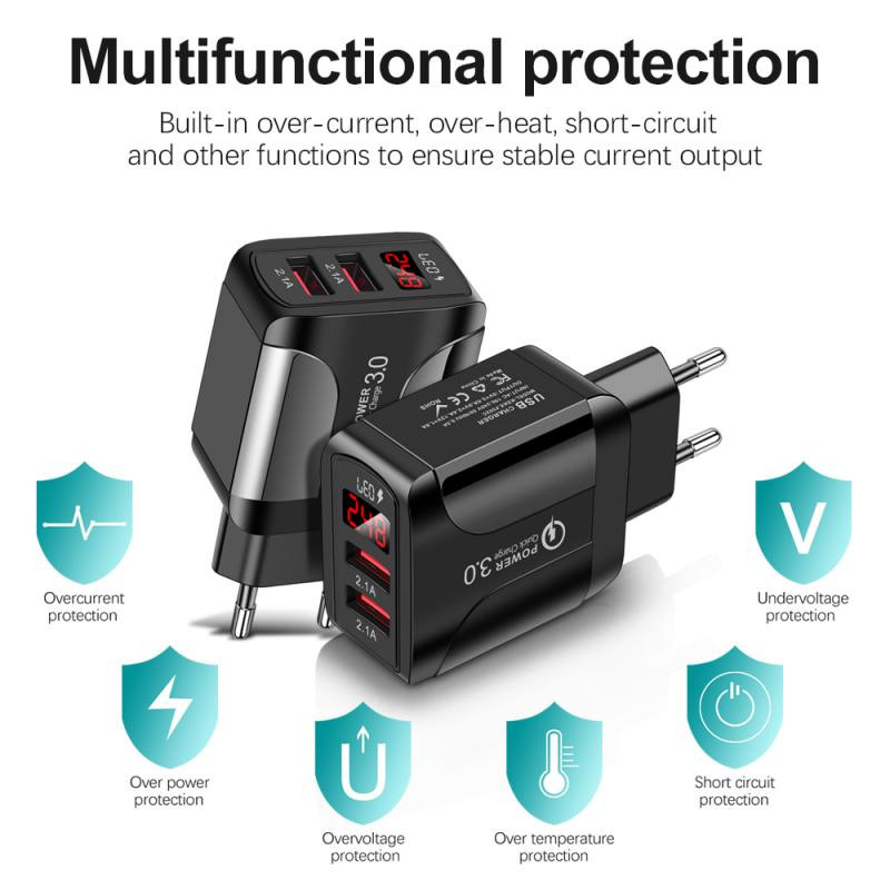 Autós töltő Tápadapter Mobiltelefon Gyorstöltés 5V/3A Okostelefon utazási töltő 2 USB LED digitális kijelző 12-24V EU/US/UK