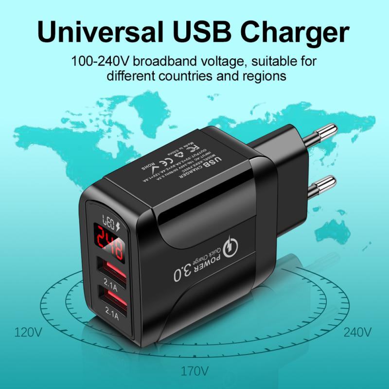 Autós töltő Tápadapter Mobiltelefon Gyorstöltés 5V/3A Okostelefon utazási töltő 2 USB LED digitális kijelző 12-24V EU/US/UK