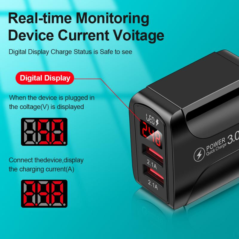 Autós töltő Tápadapter Mobiltelefon Gyorstöltés 5V/3A Okostelefon utazási töltő 2 USB LED digitális kijelző 12-24V EU/US/UK