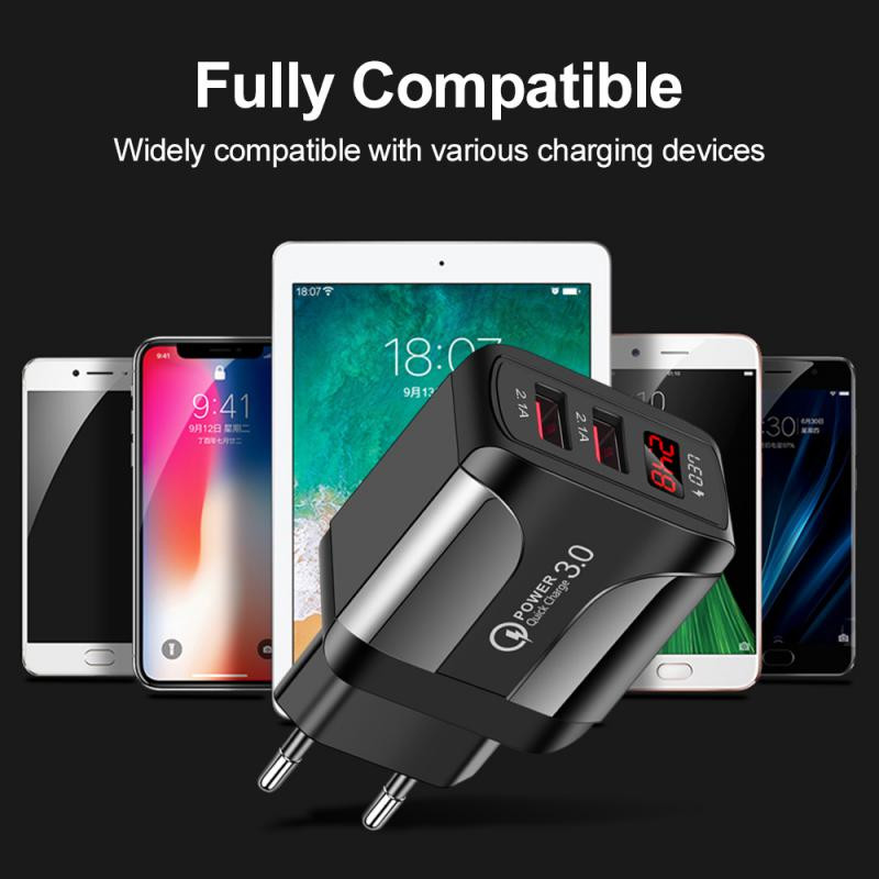 Autós töltő Tápadapter Mobiltelefon Gyorstöltés 5V/3A Okostelefon utazási töltő 2 USB LED digitális kijelző 12-24V EU/US/UK