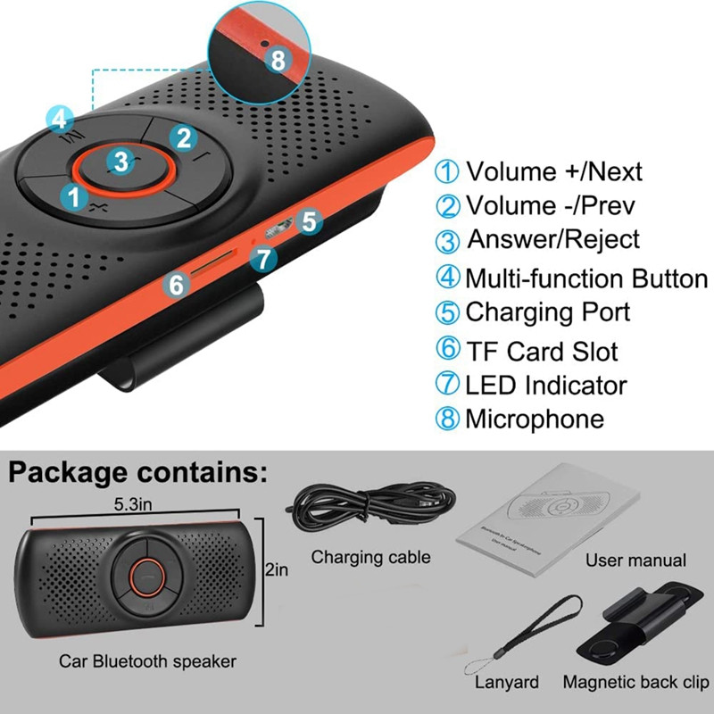 Autós Bluetooth hangszóró T826 Bluetooth autós kihangosító telefon kihangosított beszélgetéshez, vezeték nélküli autós zenelejátszó napellenzővel