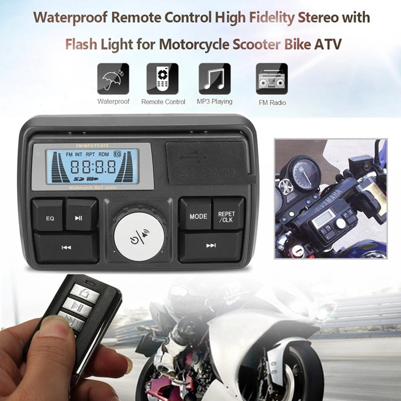 Motorkerékpár audio MP3 rádió hangrendszer Sztereó hangszórók Bluetooth vízálló FM 5 EQ funkciók LCD kijelző USB/SD/TF