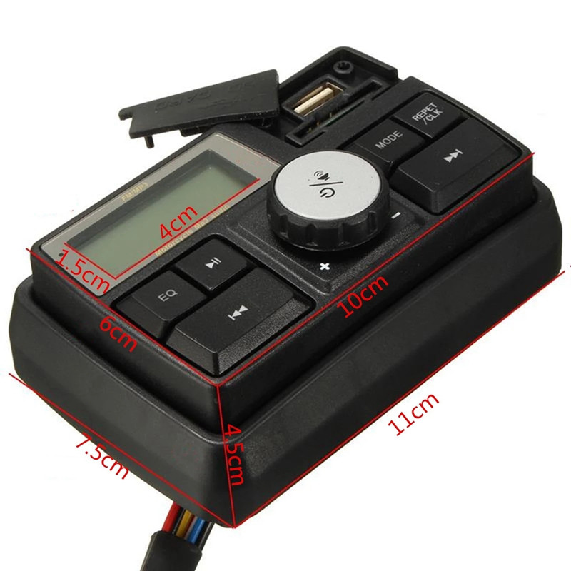 Motorkerékpár audio MP3 rádió hangrendszer Sztereó hangszórók Bluetooth vízálló FM 5 EQ funkciók LCD kijelző USB/SD/TF