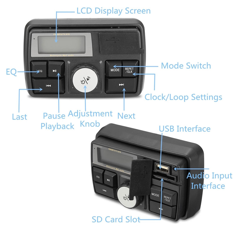 Motorkerékpár audio MP3 rádió hangrendszer Sztereó hangszórók Bluetooth vízálló FM 5 EQ funkciók LCD kijelző USB/SD/TF