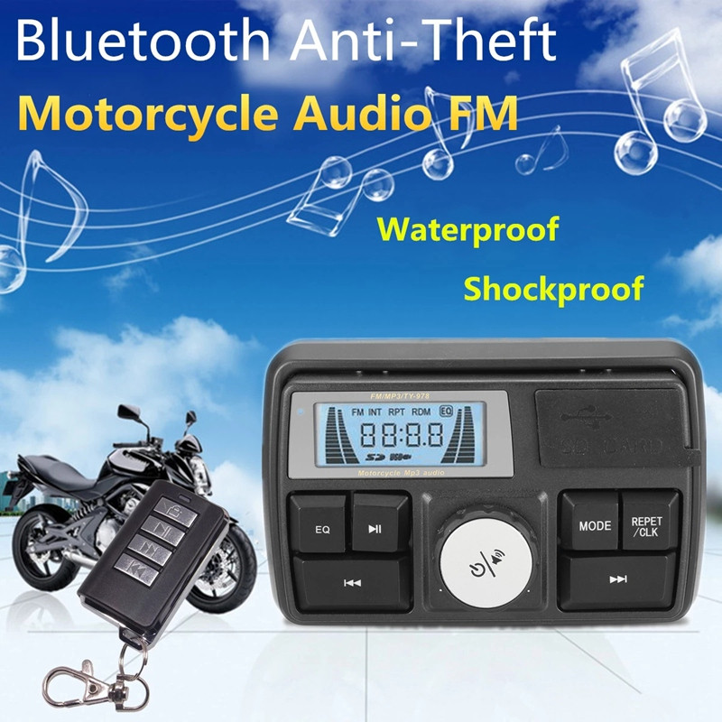 Motorkerékpár audio MP3 rádió hangrendszer Sztereó hangszórók Bluetooth vízálló FM 5 EQ funkciók LCD kijelző USB/SD/TF